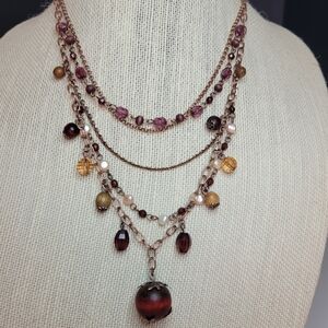 Red Brown Tan Plum Faux Pearl 5 Strand Tier Necklace Antique Brass Cable Chain